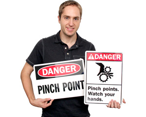 Danger Pinch Point Label with Arrow, SKU: L-0229-XV